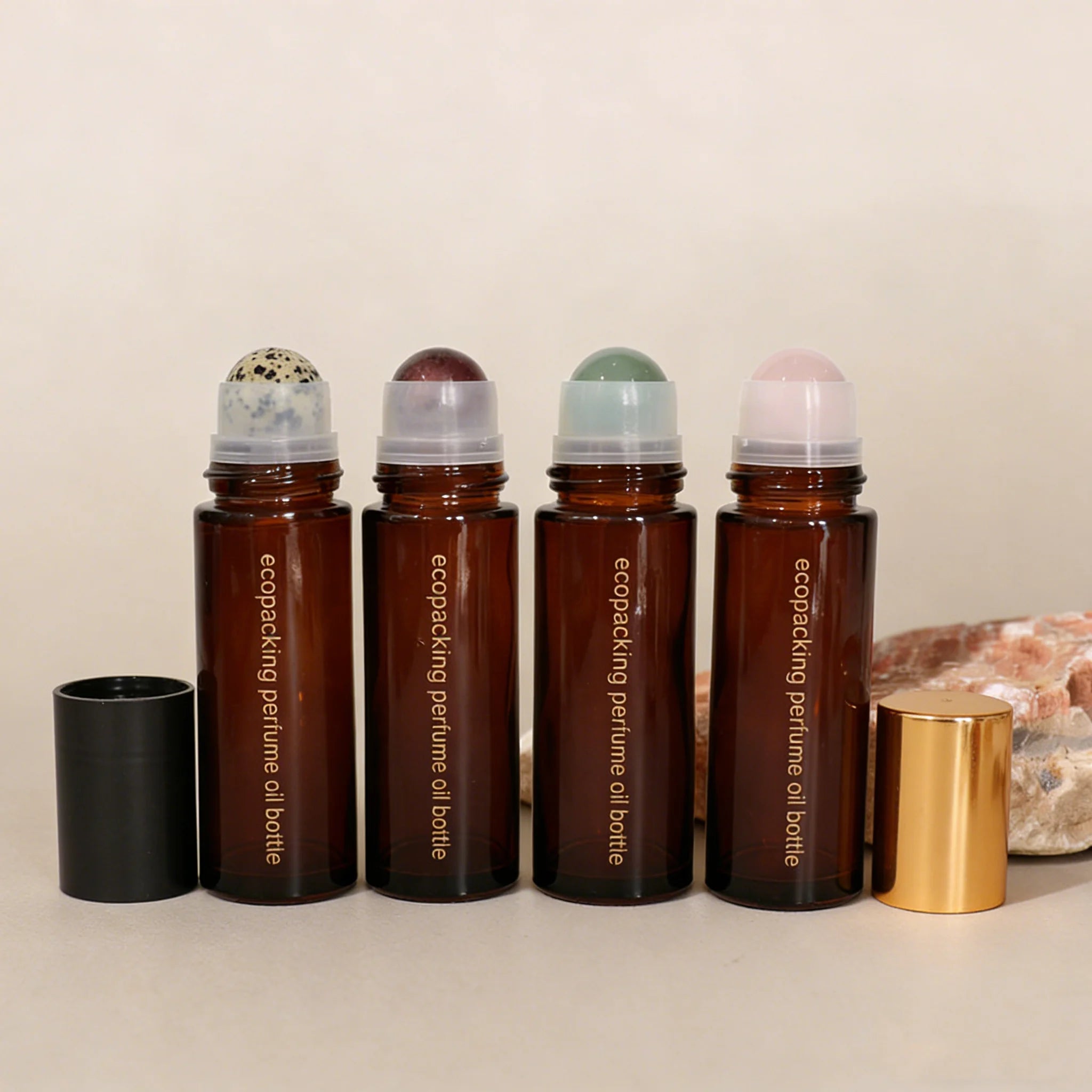 50ml Empty Glass Bottle Clear Amber Essential Oil Bottle Rose Quartz Gemstone Roller Ball Bottle