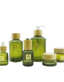 Cosmetic Packaging 15ml 30ml 60ml 100ml 120ml Slant Shoulder Frosted Green Glass Dropper Bottle Serum with Pump