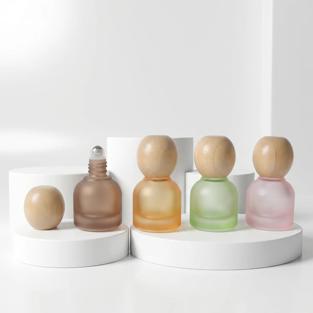 10ml Frosted Glass Roller Bottles with Wooden Ball Cap Empty Refillable Roll on Bottles for Essential Oil - 图片 5