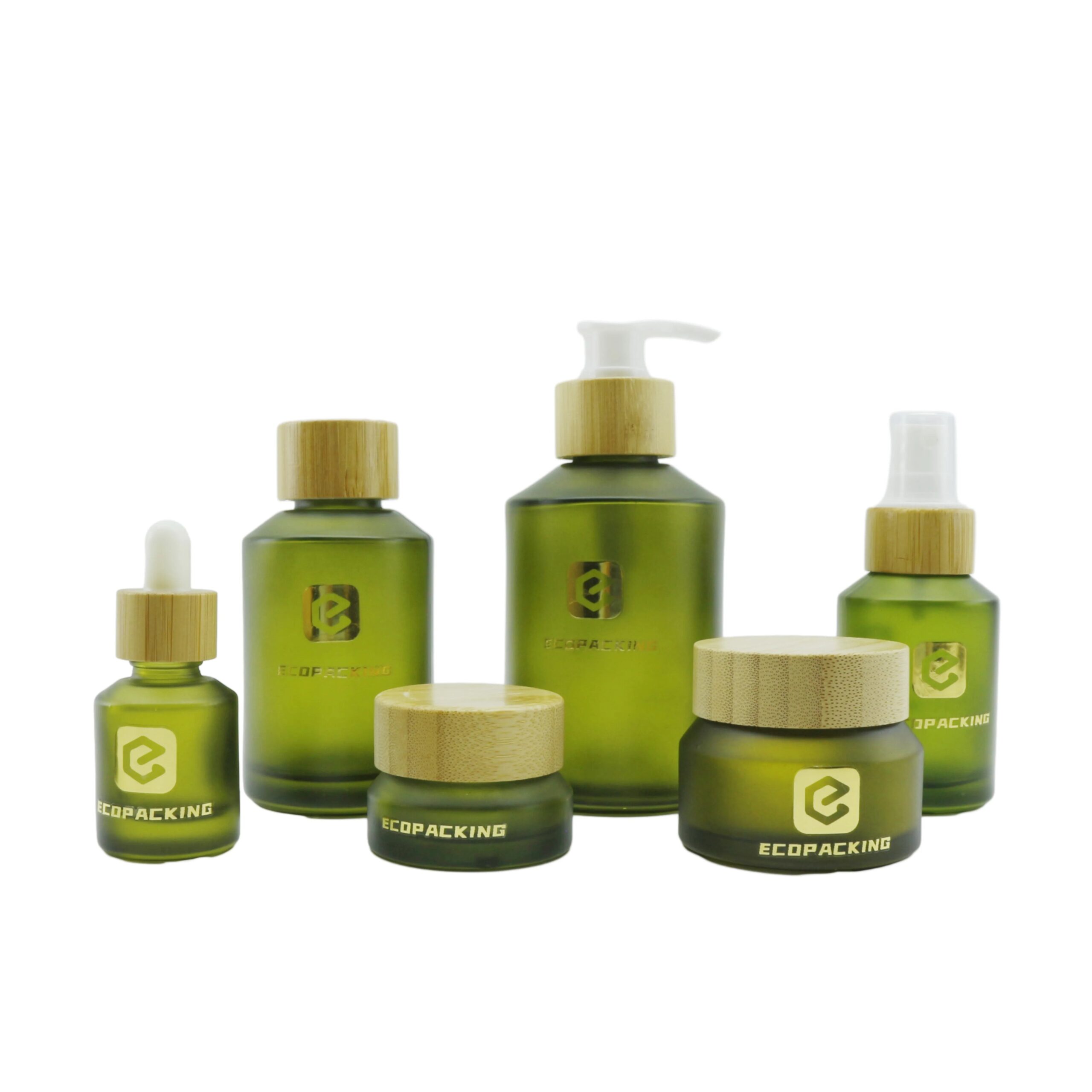 Frosted Olive Green Glass Bottle 30ml 60ml 120ml Cosmetic Bottle with 30g 50g Glass CreamJar with Bamboo Lid for Skin Care A888 - 图片 8