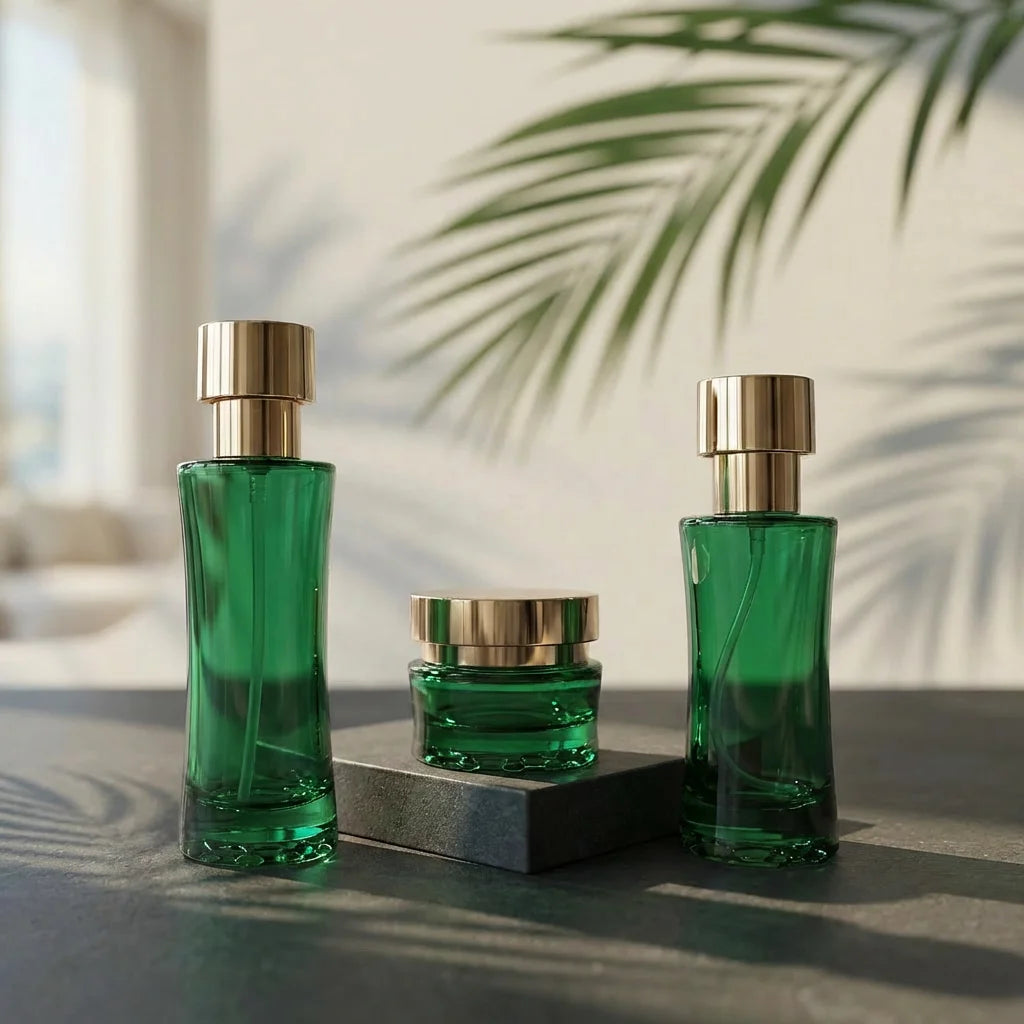 Luxury 40ml 100ml 120ml Empty Green Glass Cosmetic Packaging Set Lotion Pump Bottles Cream Jars with Gold Lid Packaging - 图片 4
