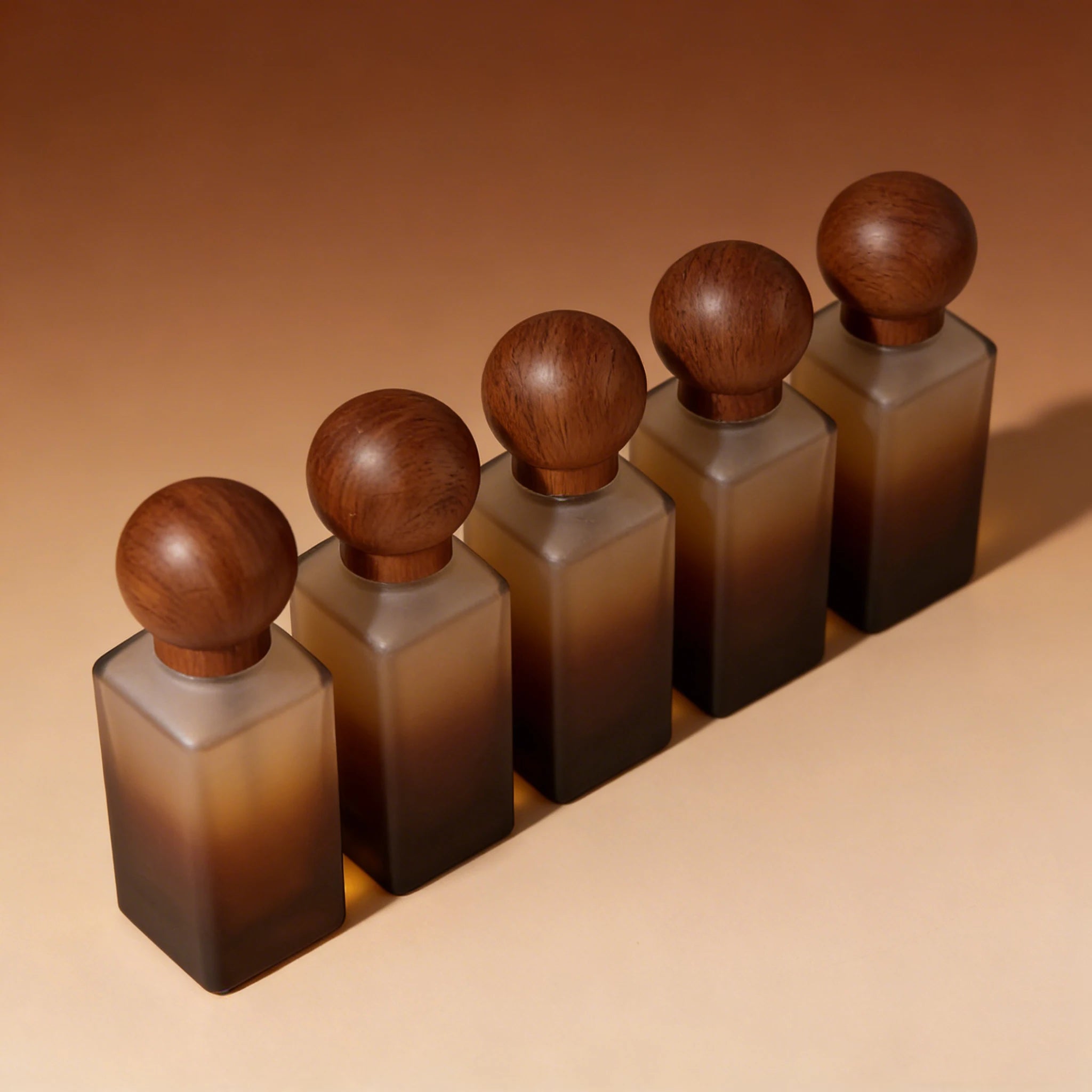 Natural Texture Gradient Brown Frosted Matte Skincare Glass Pump Bottle with Wooden Cap Packaging 40ml 100ml 120ml 50g - 图片 2