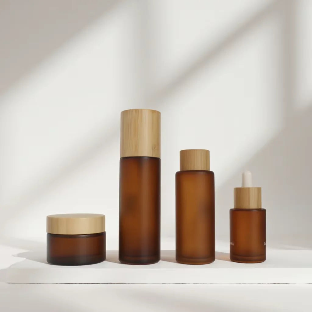 Skincare Cream Bamboo Wood Glass Cosmetic Pump Lotion Bottle Amber Glass Spray Bottles - 图片 6