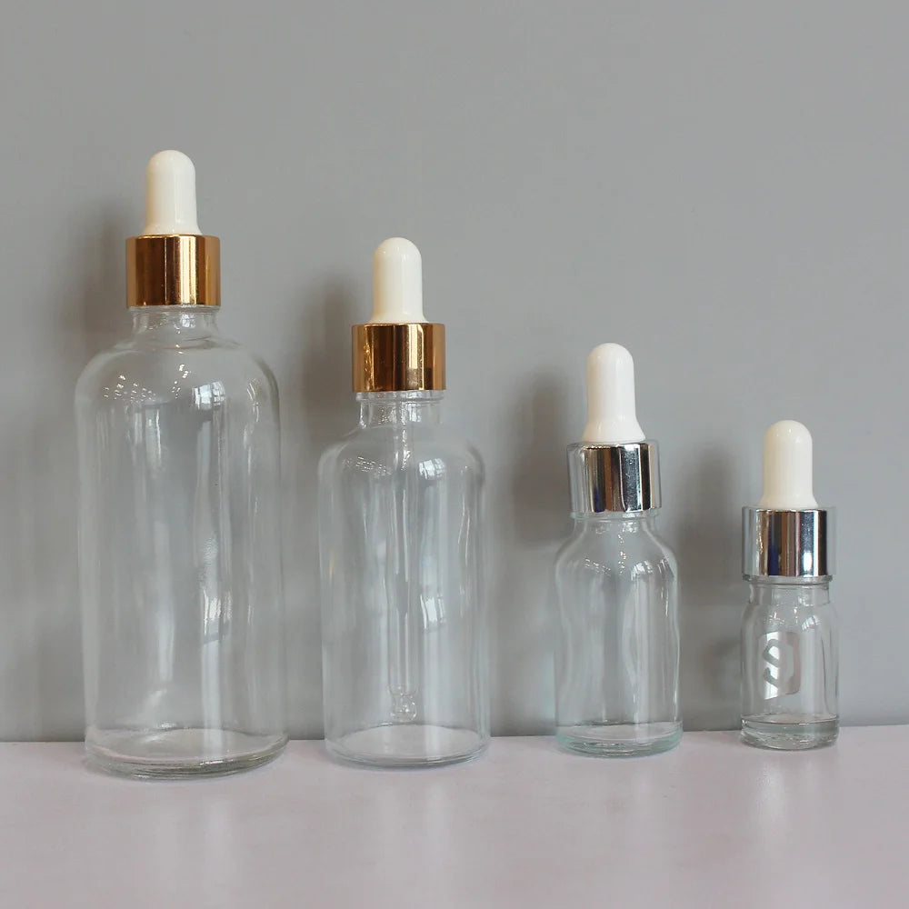 Wholesale Empty Clear Glass Dropper Bottle 100ml Essential Oil Bottle 50ml Glass Perfume Bottle with Golden Silver Dropper Cap