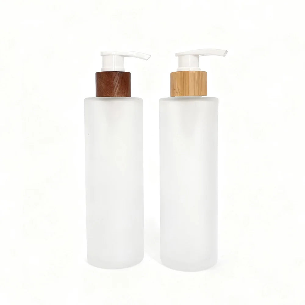 Cosmetic Round 200 ml Frosted Shampoo Lotion Glass Pump Bottles 200 ml with Bamboo Wood Cap