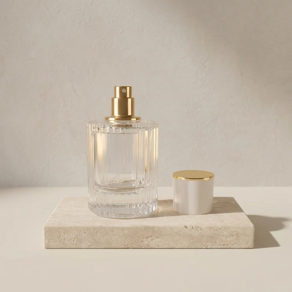 Luxury Perfume Bottles 50ml Clear Glass Spray Vials with Leather & Gold Cap for Fragrance Packaging