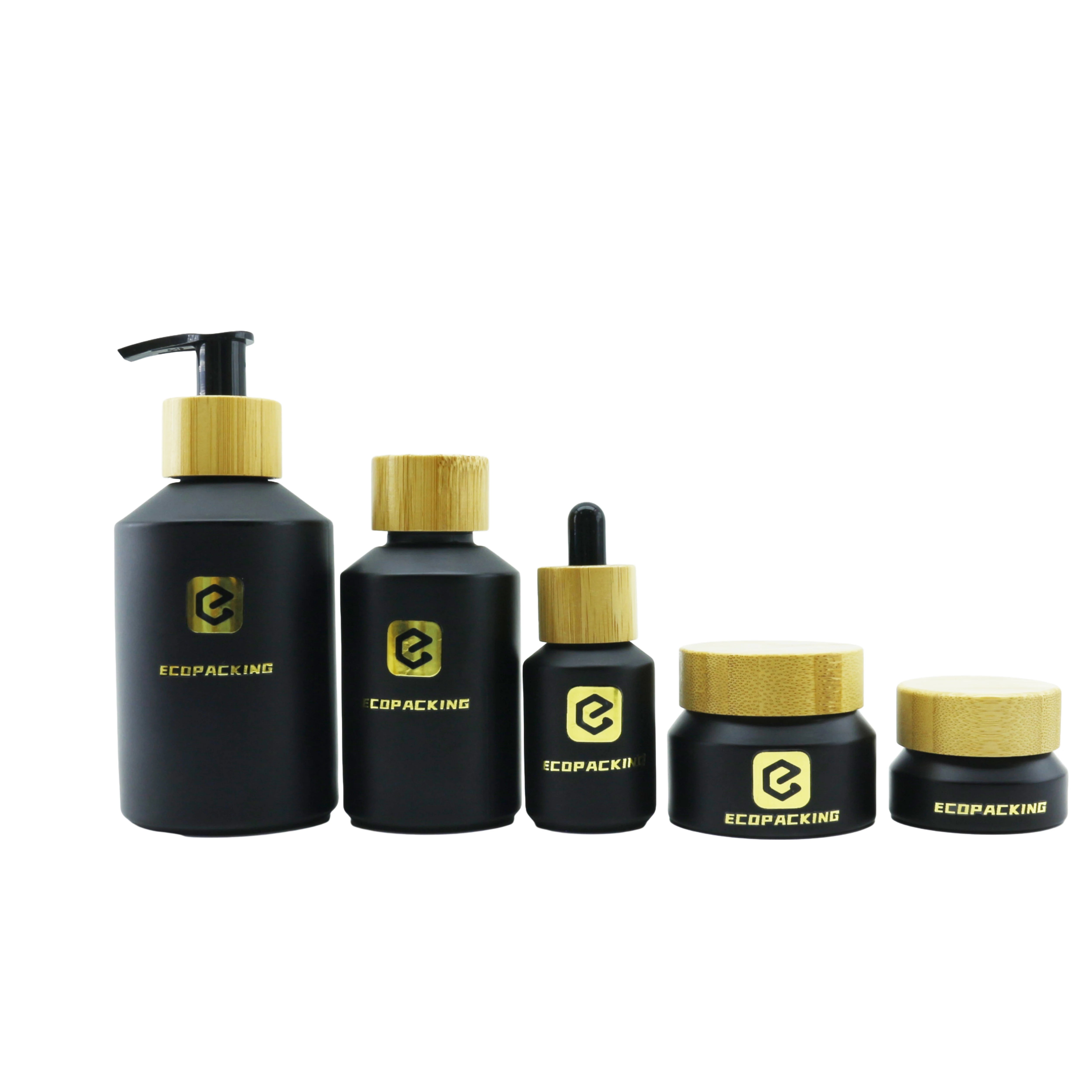 Matte Black Frosted Glass Oil Serum Lotion Bottle with Pump Dropper Spray Cosmetic Luxury Packaging Set for Skin Care - 图片 5