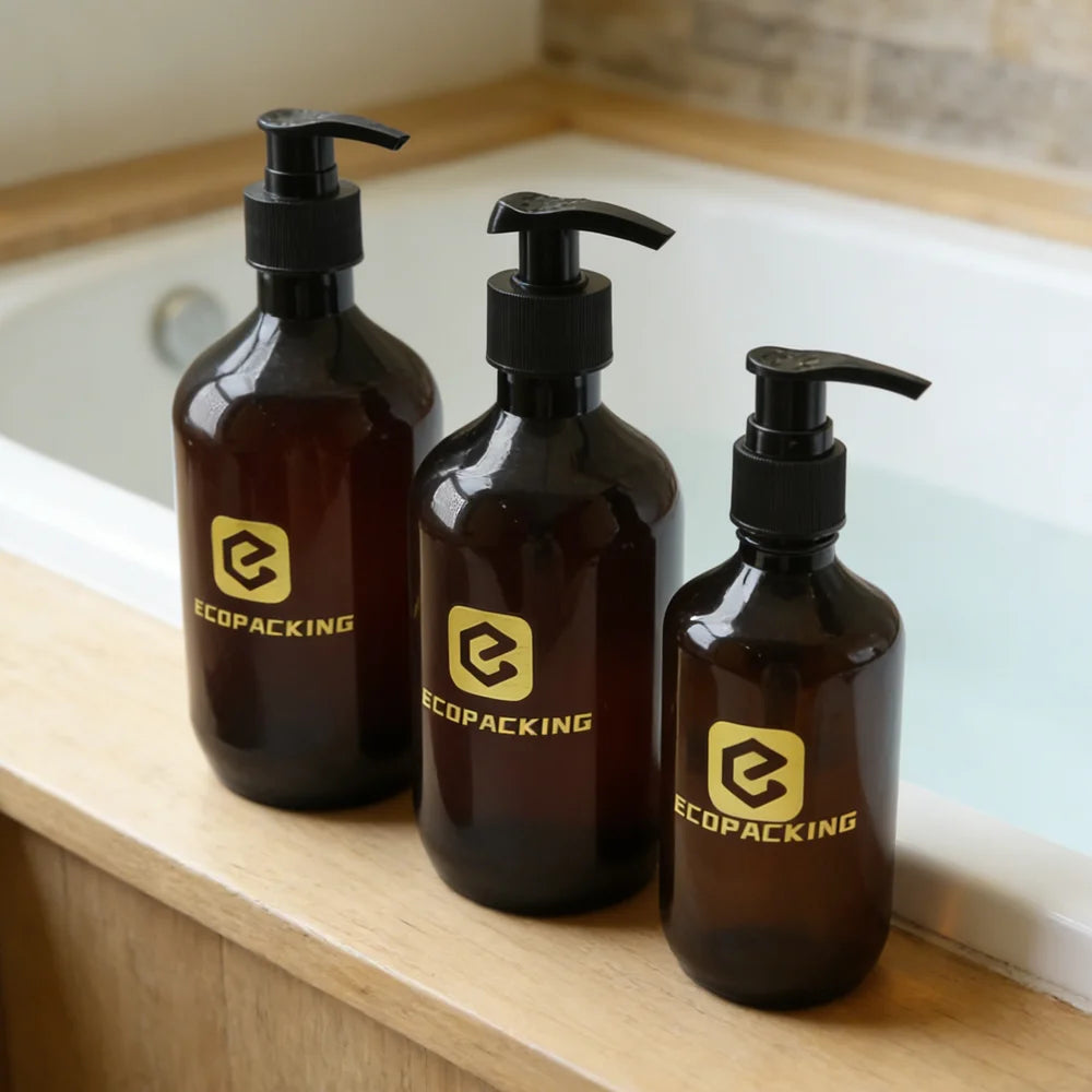 Refillable Lotion Pump Bottle 300ml 500ml Amber Brown Empty Shower Gel PET Plastic Shampoo Bottles with Pump Cap - 图片 5