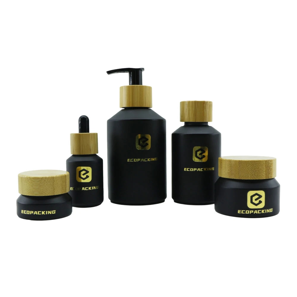 Slant Shoulder Skincare Black Essential Oil Bottle Glass Cosmetic Serum Dropper Bottles Glass Cream Jars Set With Bamboo Lid - 图片 3