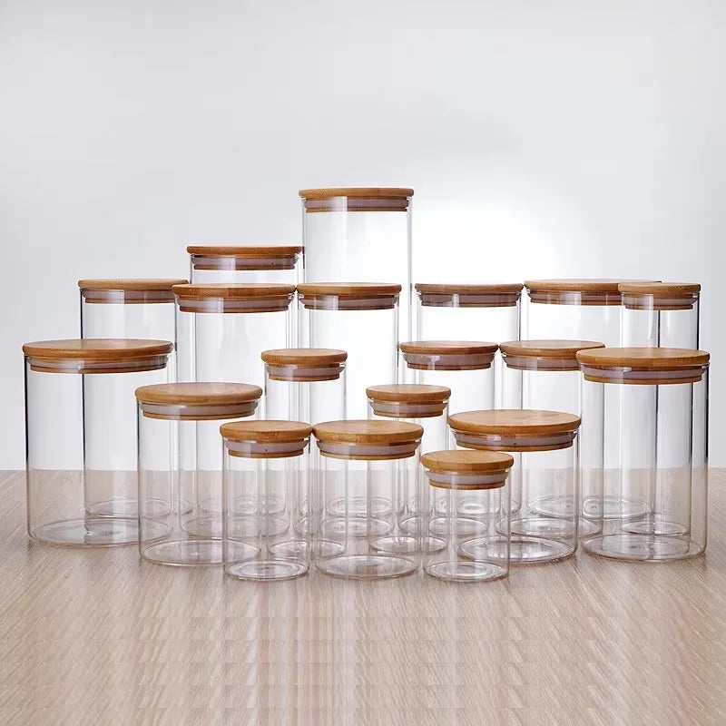 Round Airtight Coffee Tea Spice Kitchen Organizer Seal Glass Food Storage Jars with Bamboo Lid - 图片 3