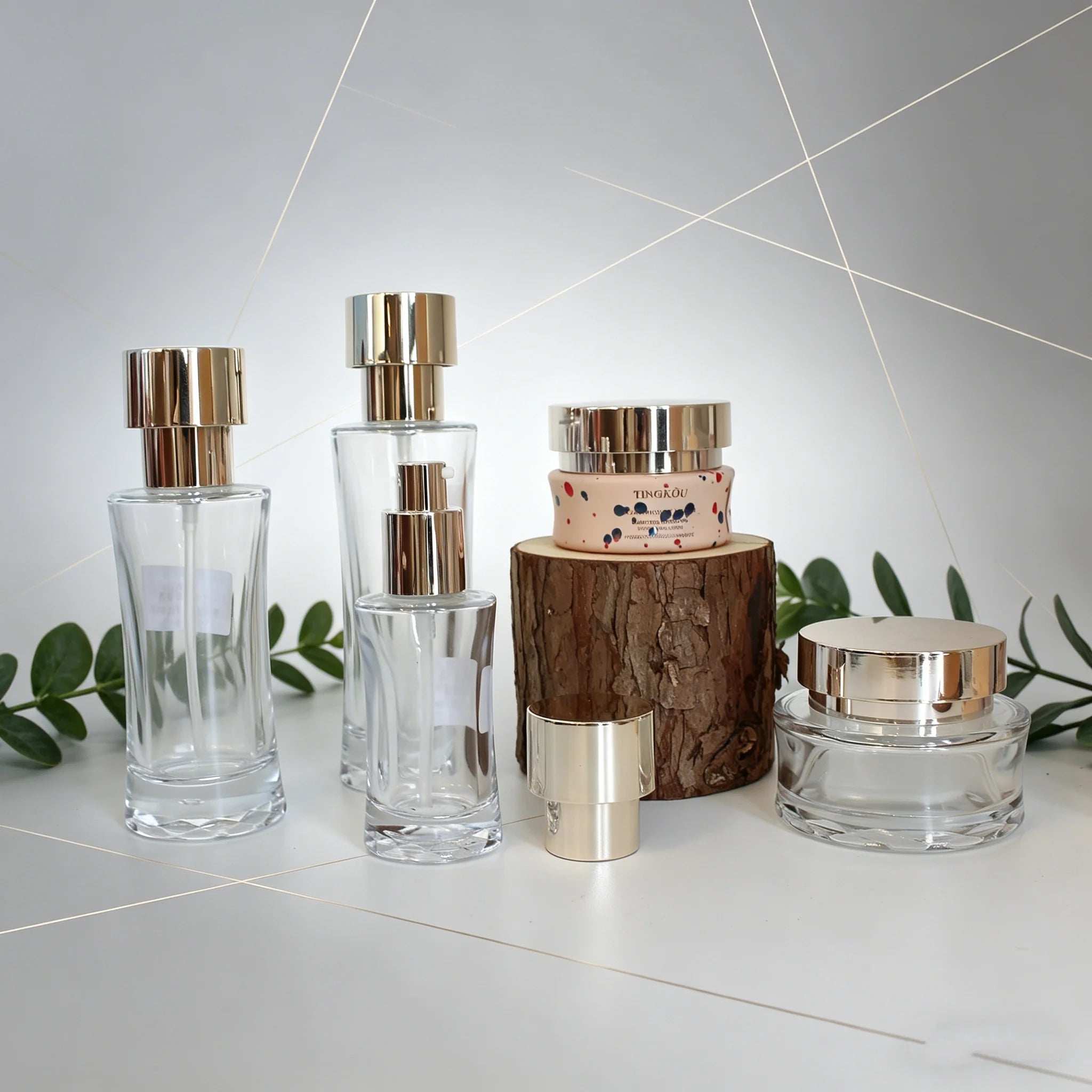 Luxury Curved Glass Bottle & Jar Set, Gold Cap Thick Base 30/50/100/120ml Skincare Packaging Wholesale - 图片 7