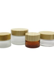 Natural Bamboo Cosmetic Packaging 5g 15g 30g 50g 100g Frosted Amber Glass Cream Jar with Bamboo Lid