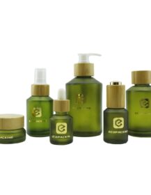 Inclined Shoulder Frosted Olive Green Bottle 15ml 30ml 60ml 100ml 120ml 200ml and 15g 30g 50g 100g Glass Jar with Bamboo Lid