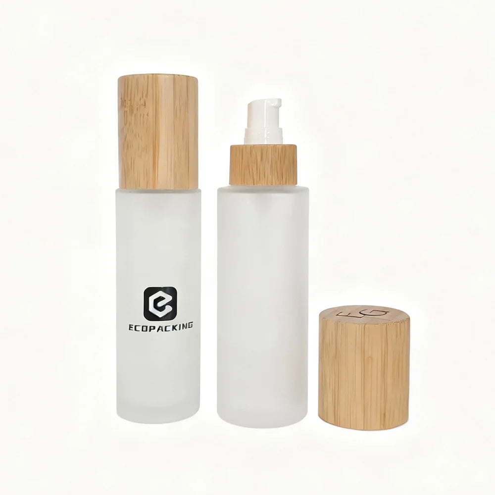 Cosmetic Round 200 ml Frosted Shampoo Lotion Glass Pump Bottles 200 ml with Bamboo Wood Cap - 图片 5