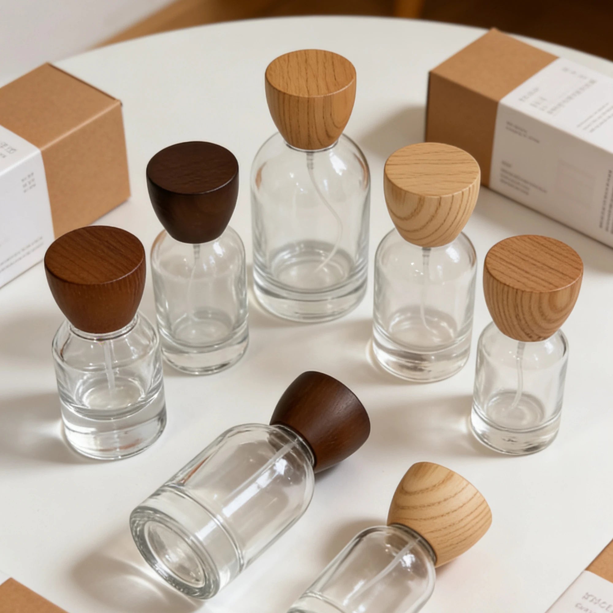 Luxury Zebra Wood Grain Matte Frost Decal Box Set Clear Glass Perfume Spray Bottle 30ml 50ml 100ml Refillable Natural Wood Lid - 图片 6