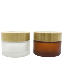 Fashion Packaging 50G Cosmetic Jar Frosted Glass Bottle Clear Cosmetic Glass Bottle Plastic Lid with Bamboo Wood Graphics Lid