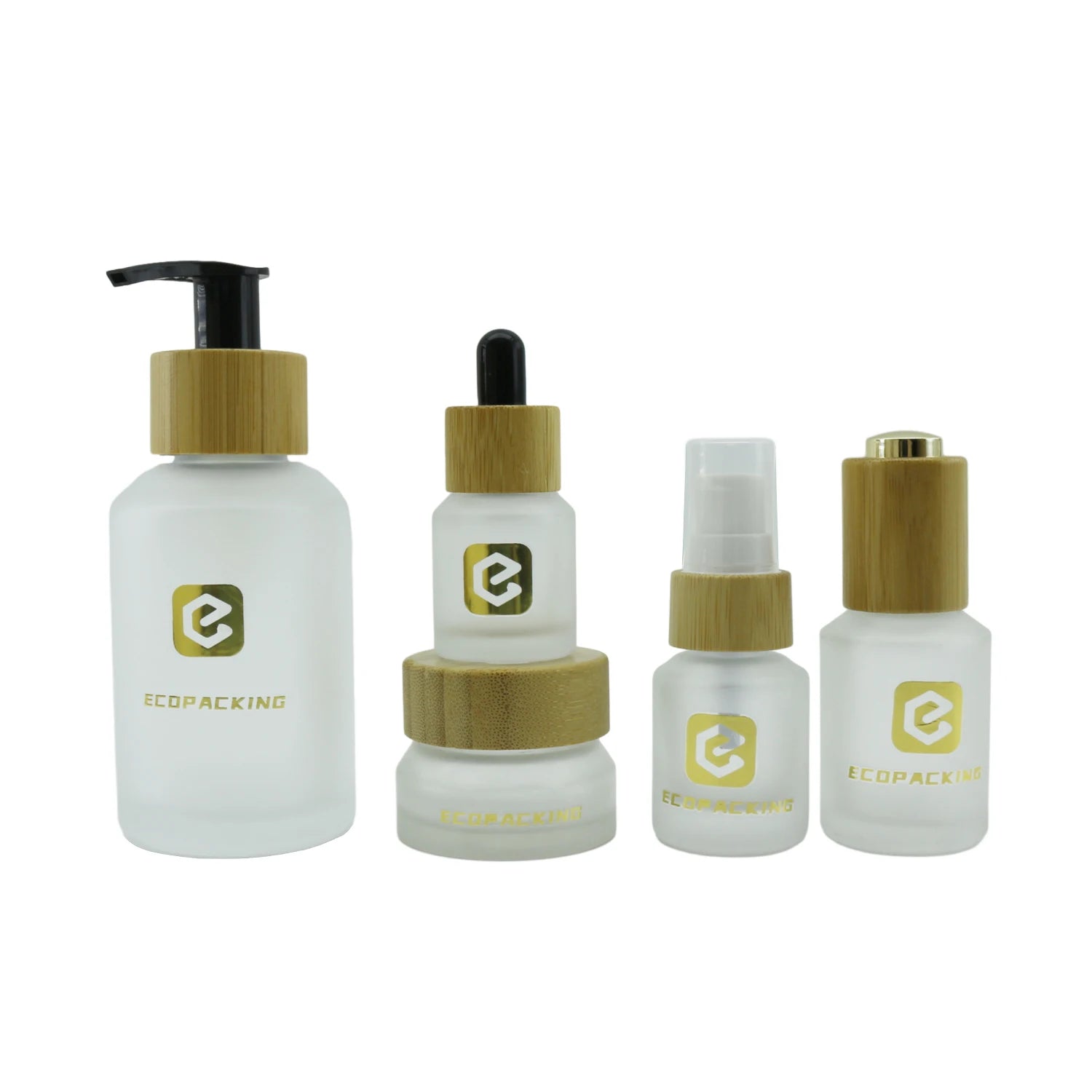 Luxury Slant Shoulder Frosted Olive Green Glass Spray Lotion Pump Bottle Cosmetic Jar Set with Bamboo Lid - 图片 8