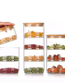 Stackable Customized Kitchen High Borosilicate Glass Storage Jar Set with Bamboo Lid for Food Cake Cookie Candy Spice B8888