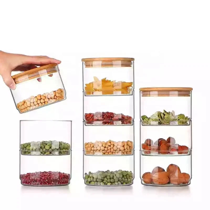Stackable Customized Kitchen High Borosilicate Glass Storage Jar Set with Bamboo Lid for Food Cake Cookie Candy Spice B8888