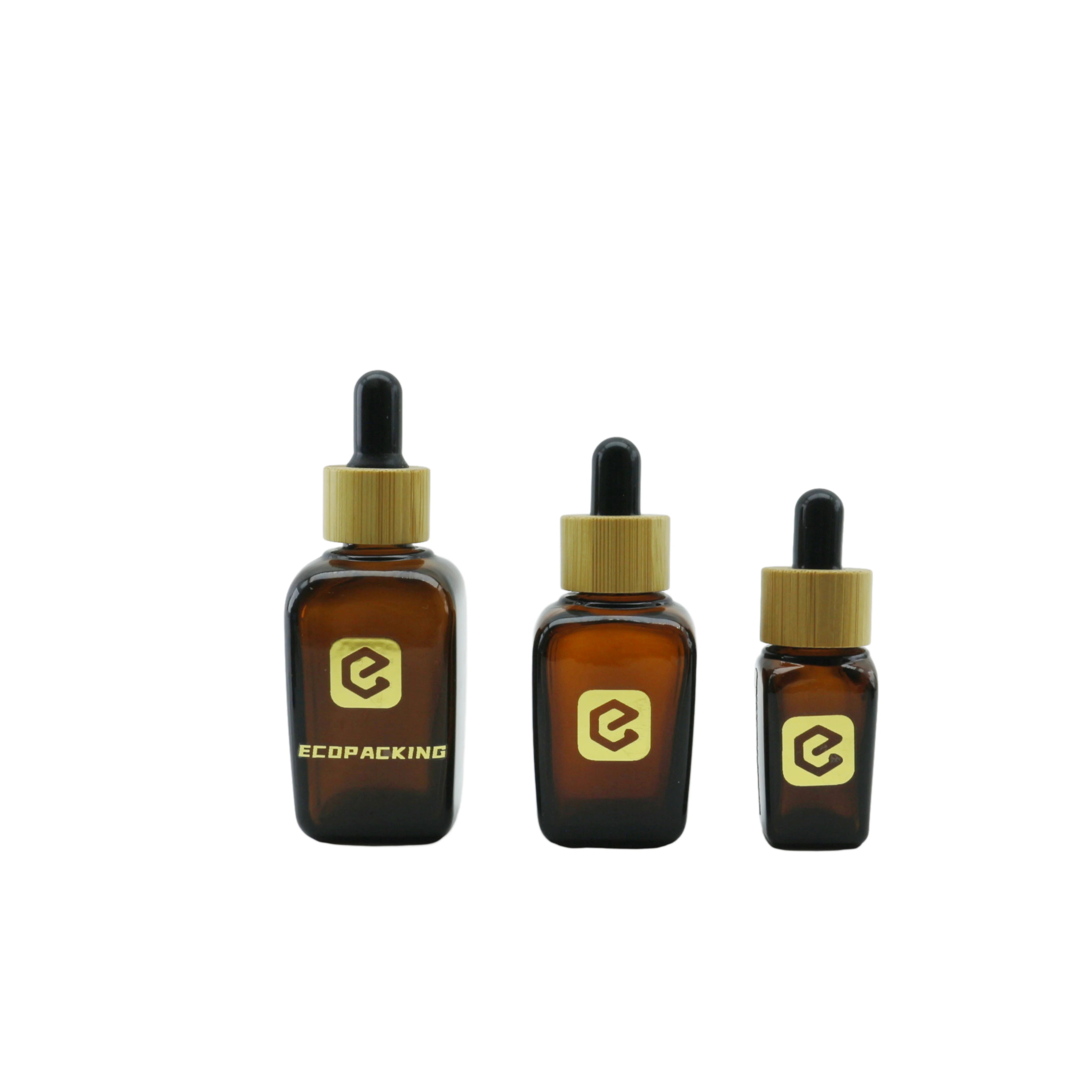 10~50ml 100ml Square Dark Amber Glass Dropper Bottles With Glass Dropper Natural Wooden Tincture Bottles With Eye Droppers - 图片 3