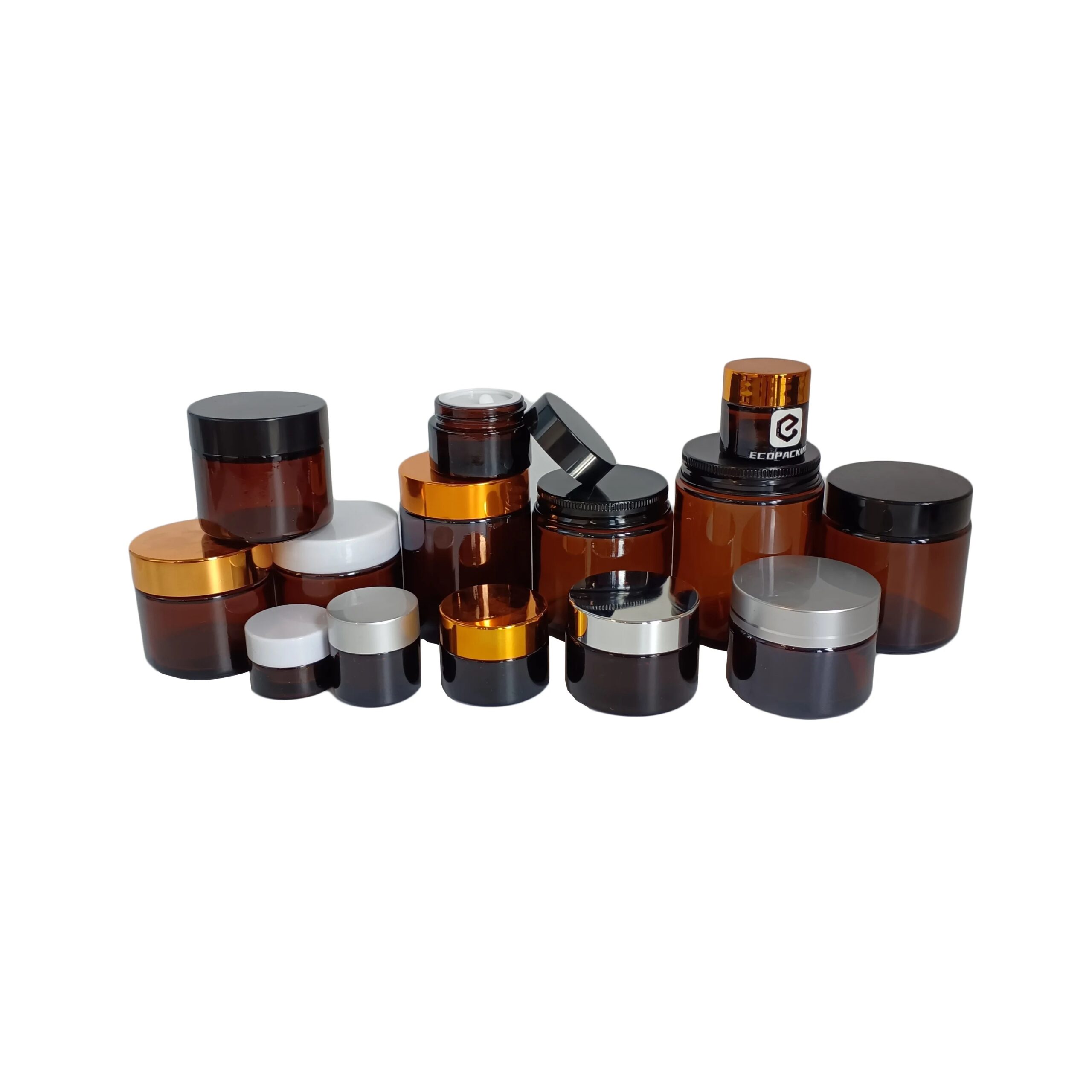 Stock Cosmetic 5g 10g 15g 20g 30g 50g 60g 100g 2oz 4oz Amber Glass Cream Jar With Gold Black Lid Skincare for Packaging M888