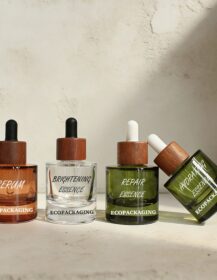 Eco-Friendly Brown Green clear Glass Serum Bottle with Wood Dropper 15ml 1oz 50ml for Skincare Essence