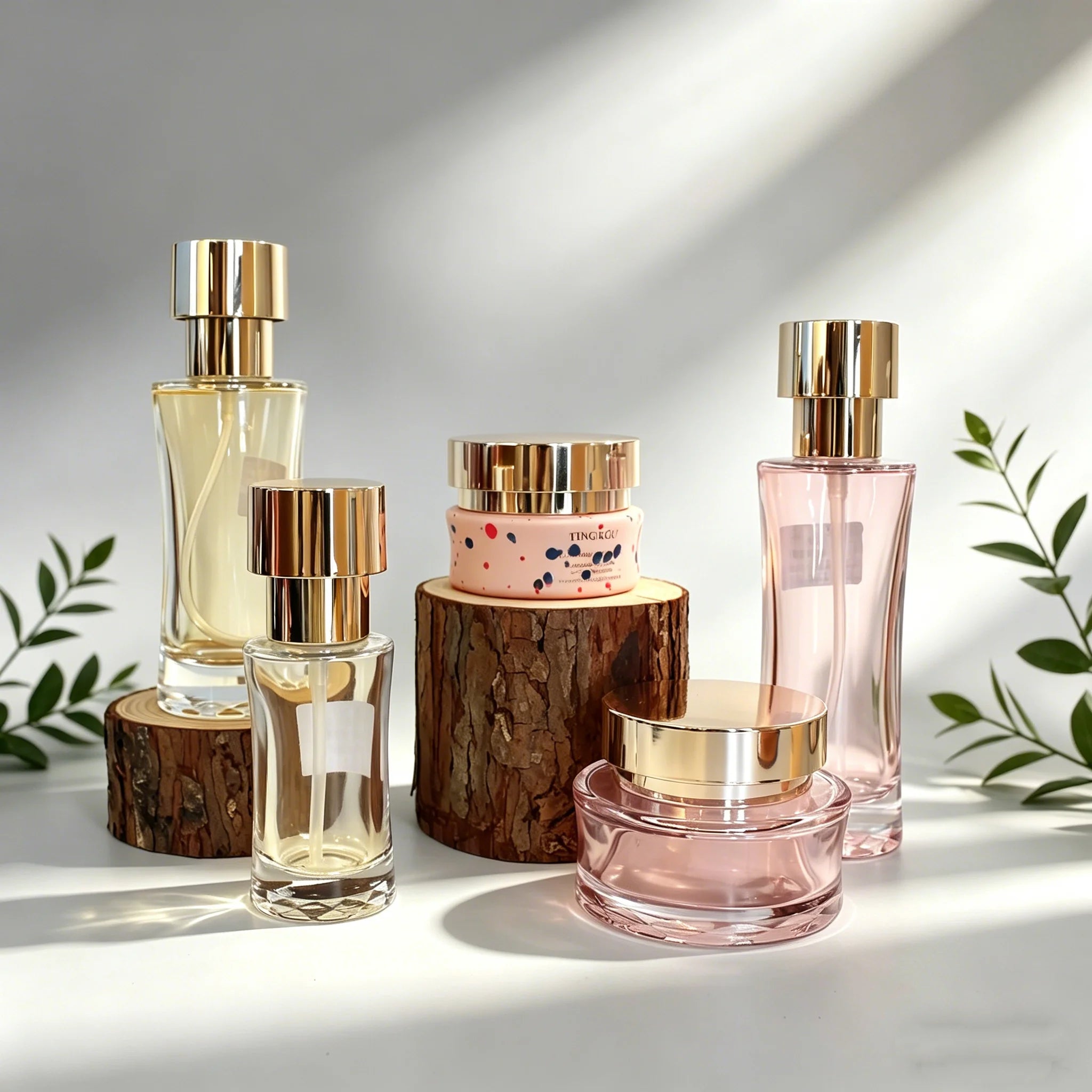 Luxury Curved Glass Bottle & Jar Set, Gold Cap Thick Base 30/50/100/120ml Skincare Packaging Wholesale - 图片 2