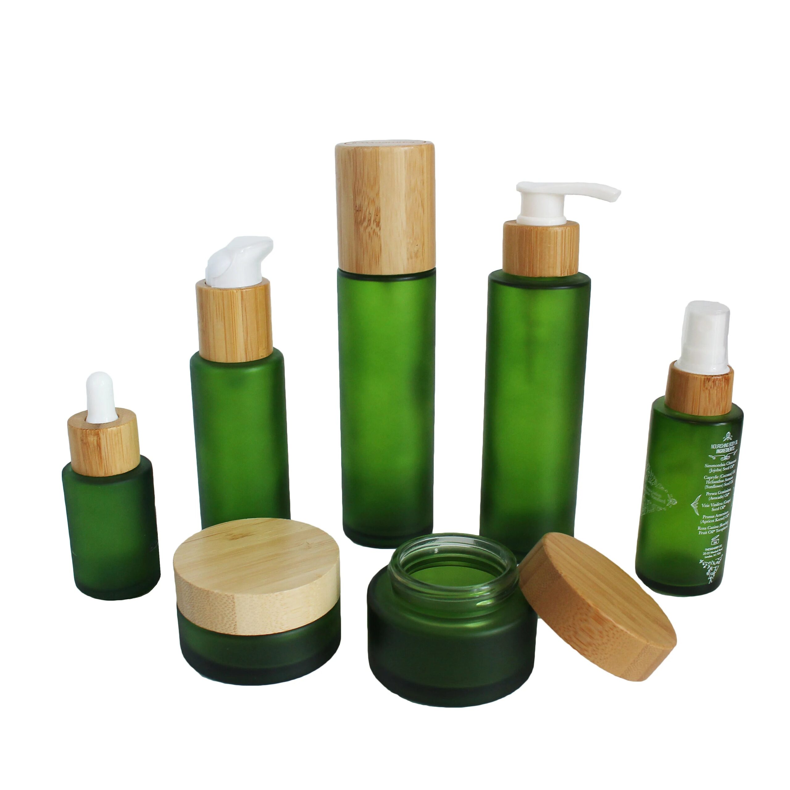 Frosted Green 30ml 40ml 50ml 100ml 4oz Bamboo Frosted Green Lotion Pump Glass Cosmetic Bottle - 图片 2