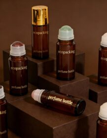 Custom Cylindrical 30ml 50ml Amber Glass Perfume Deodorant Containers Gemstone Roller Top Gemstone Roll on Bottles