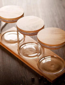 Eco-friendly High Borosilicate Food Airtight Kitchen Glass Bottle Spice Storage Container Jar with Bamboo Wooden Lids