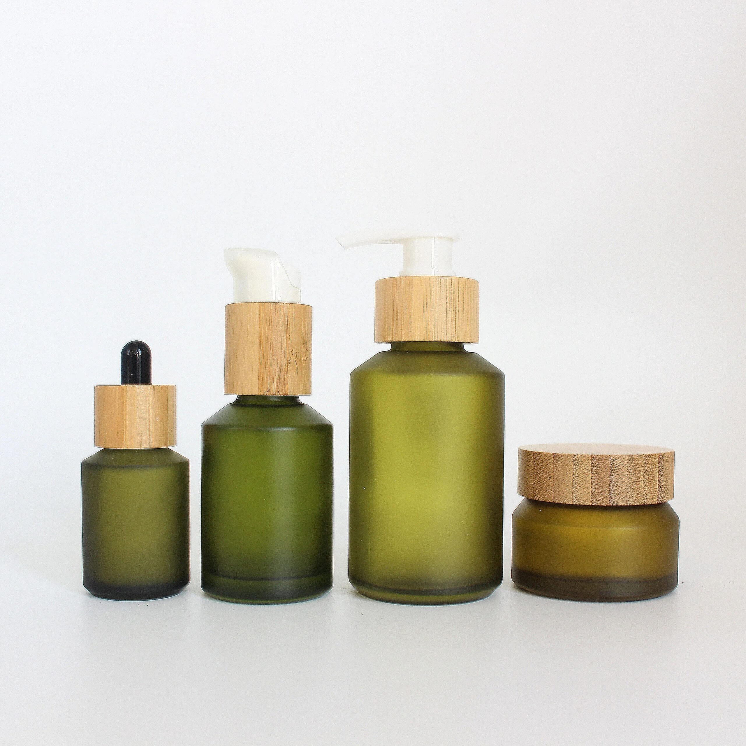 1oz 2oz 4oz Olive Green Frosted Empty Serum Body Oil Lotion Round Glass Pump Bottles for Skin Care Set