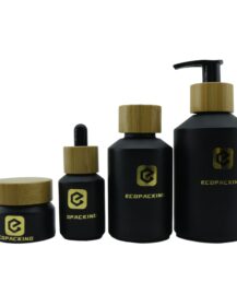 Luxury Cosmetic Slant Shoulder Empty Black Lotion Face Cream Glass Jar Bottle Set with Bamboo Pump Dropper Spray Lid