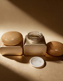OEM Square Gold Stamped Cosmetic Glass Lotion Spray Pump Bottle 50ml/100ml/120ml Facial Cream Jar Set with Wooden Cap