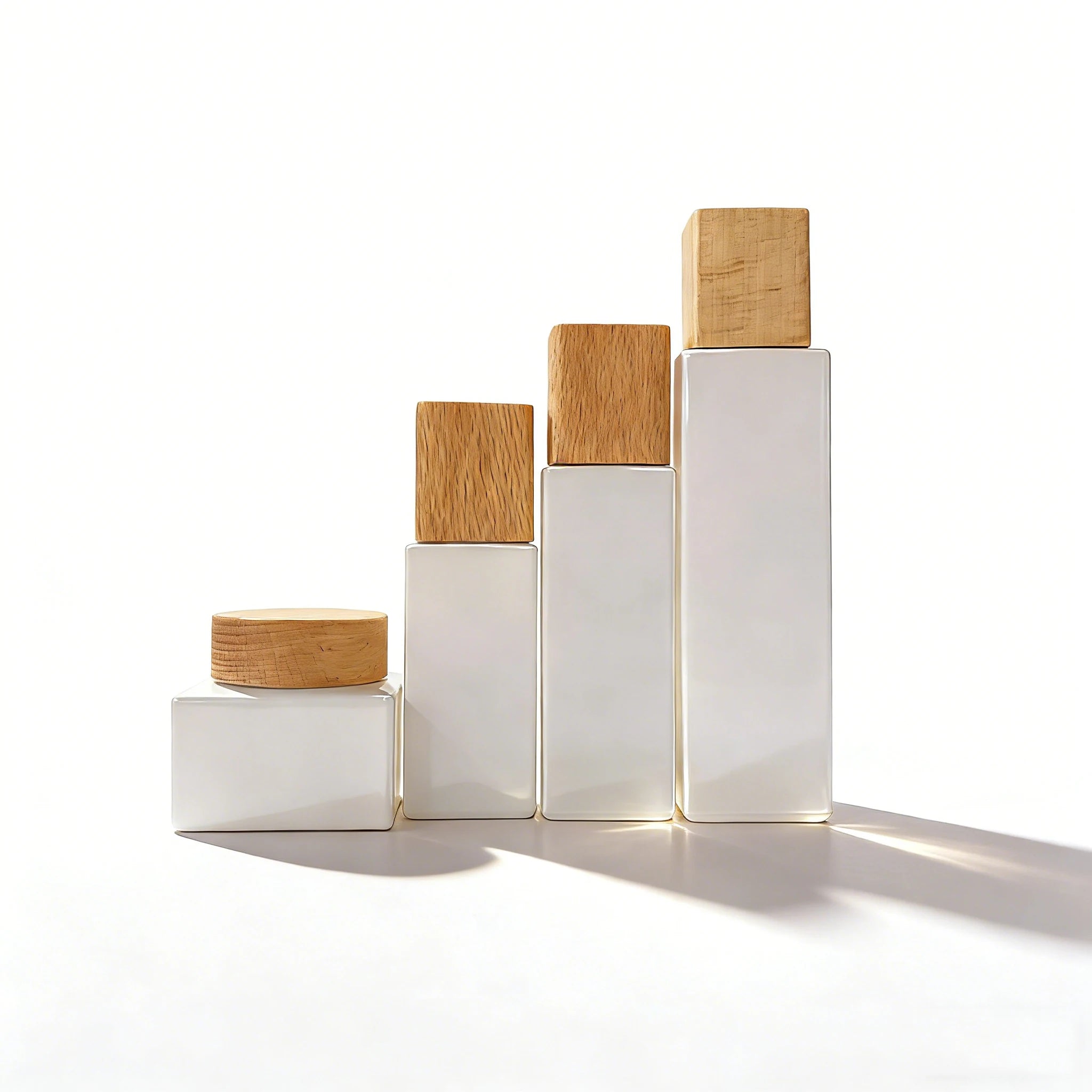 Luxury White Flat Shoulder Empty Glass Bottle Custom logo Cosmetic Cream Jar Skin Care Body Butter Jar Set with Bamboo Lid - 图片 4