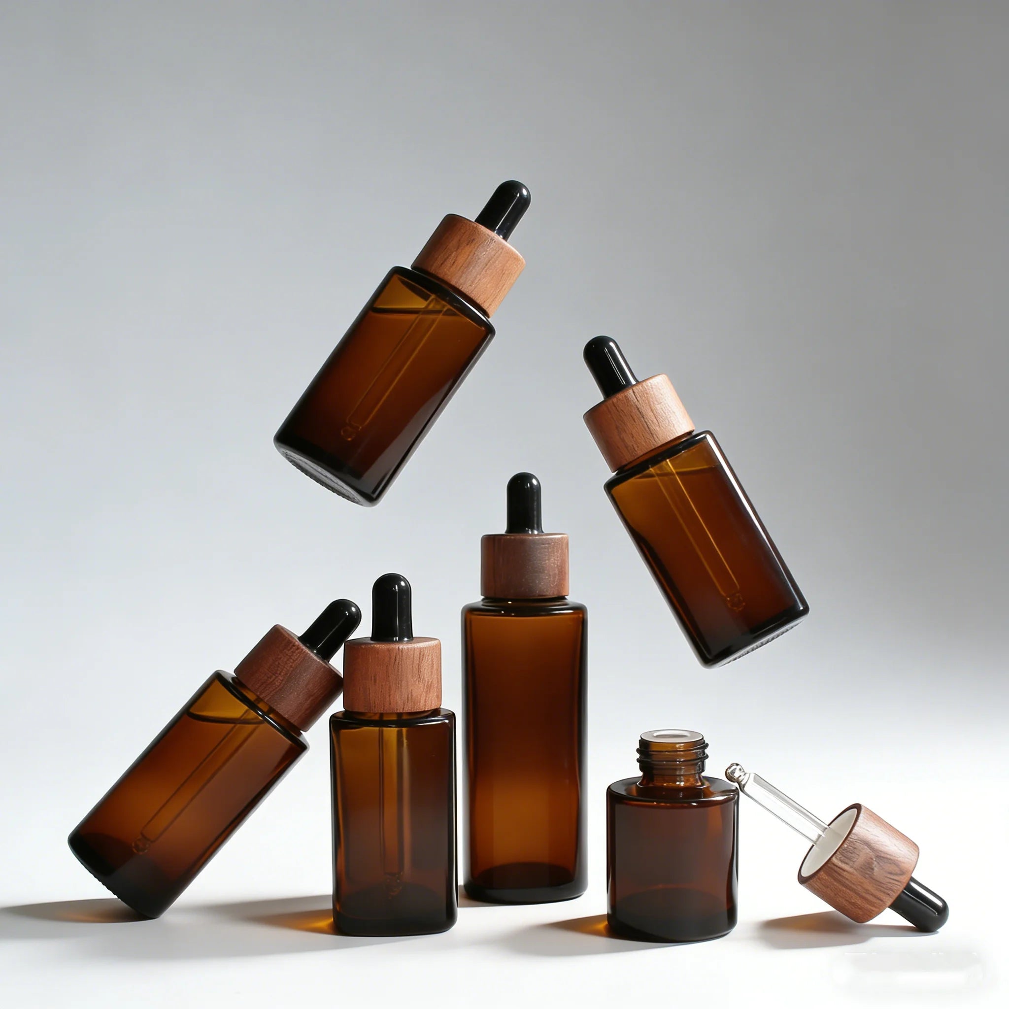 Dark Amber Dropper Bottles Brown Glass Bottles with Bamboo Eye Droppers Lid for Essential Oils Leakproof Cosmetic Bottles - 图片 5