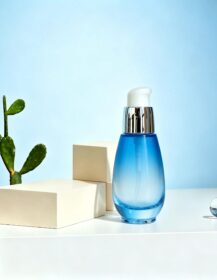 Luxury 30ml 1oz Pump Bottle Refillable Blue Glass Cosmetics Serum Lotion Bottle for Cosmetic Packaging