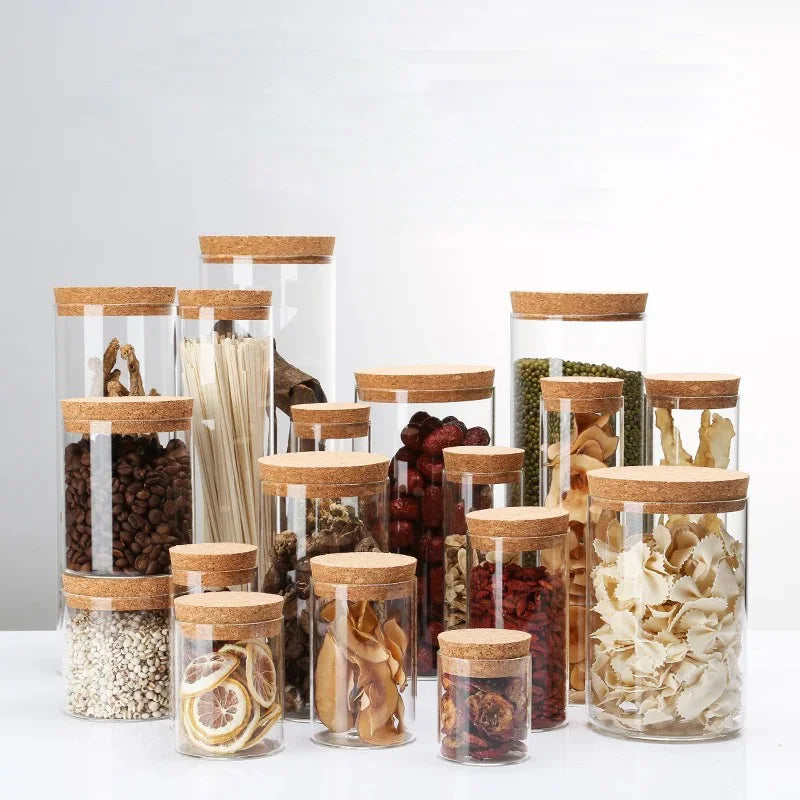 Borosilicate Transparent Kitchen Food Grade Glass Jar with Cork for Candy Spice Cereals Spice Dry Flower 300ml 500ml 1000ml