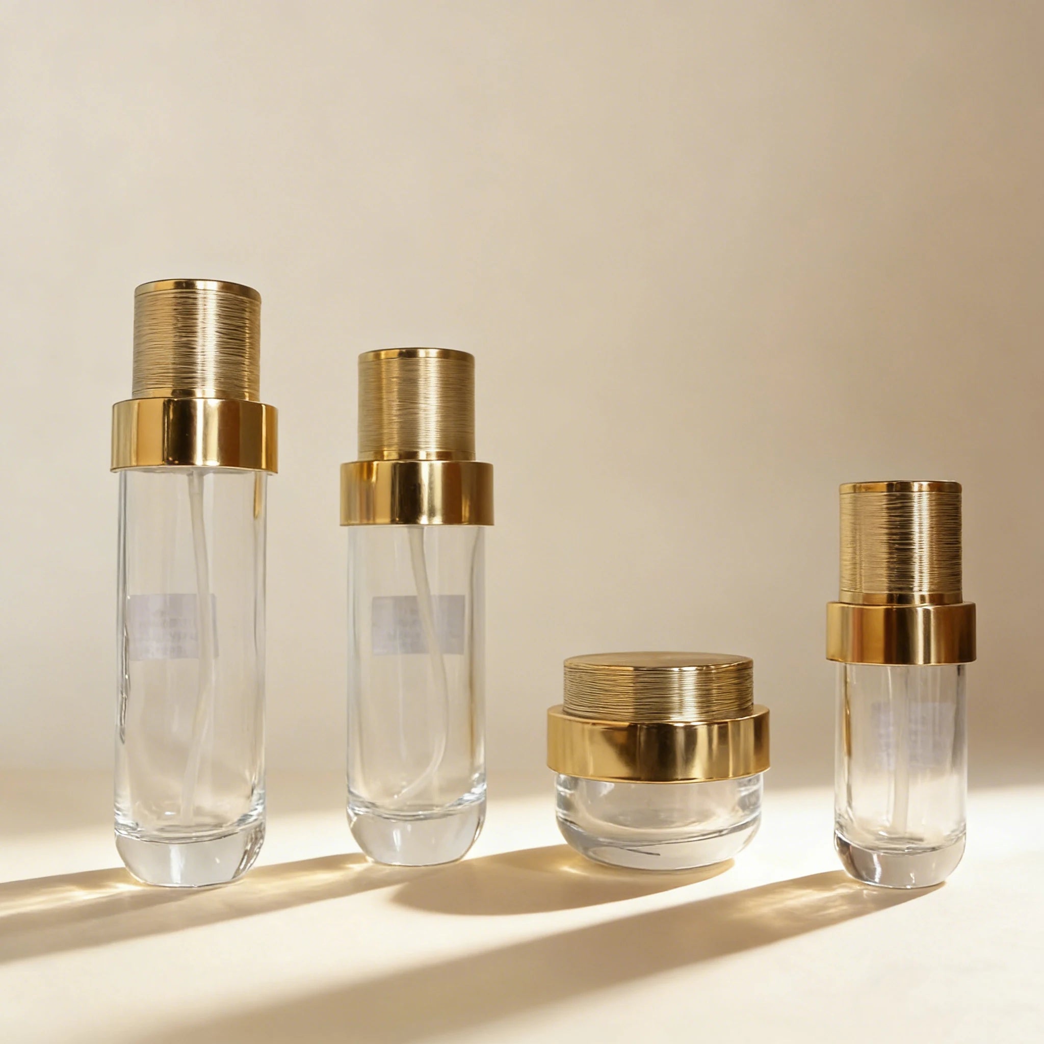 Luxury Cosmetics Set Skincare Glass Serum Lotion Pump Bottles & Jars with Gold Cap Packaging - 图片 2