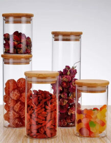 Round Airtight Coffee Tea Spice Kitchen Organizer Seal Glass Food Storage Jars with Bamboo Lid