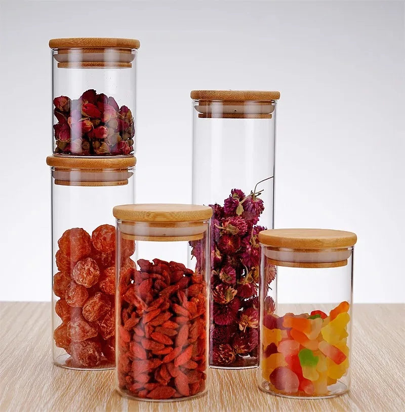 Round Airtight Coffee Tea Spice Kitchen Organizer Seal Glass Food Storage Jars with Bamboo Lid