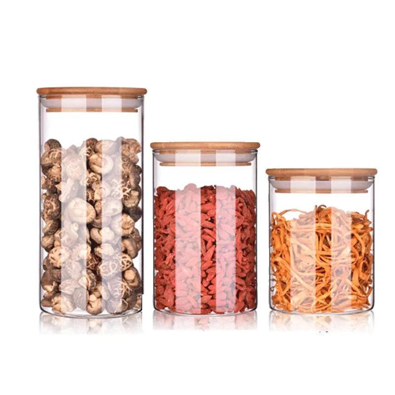 OEM Custom High Borosilicate Transparent Glass Food Storage Jar with Bamboo Lid Kitchen Food Container Set Glass Packaging