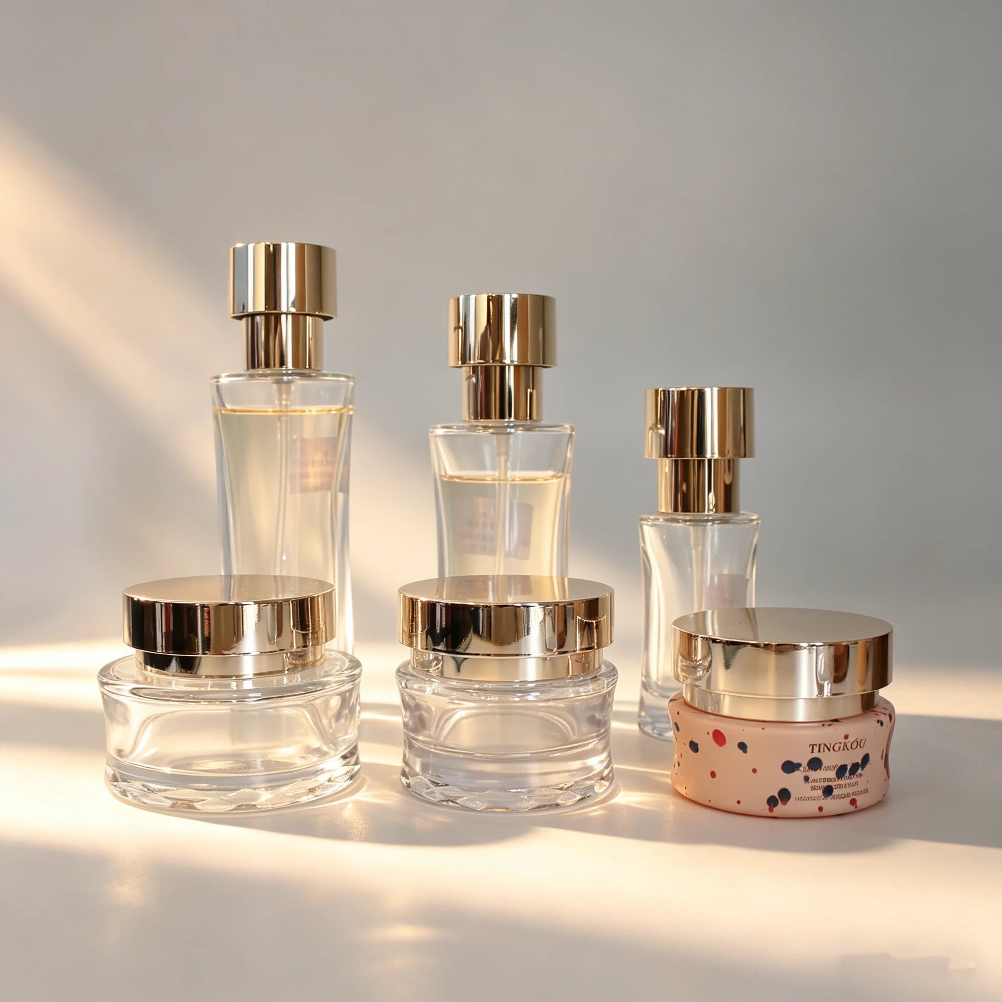 Luxury Curved Glass Bottle & Jar Set, Gold Cap Thick Base 30/50/100/120ml Skincare Packaging Wholesale - 图片 3