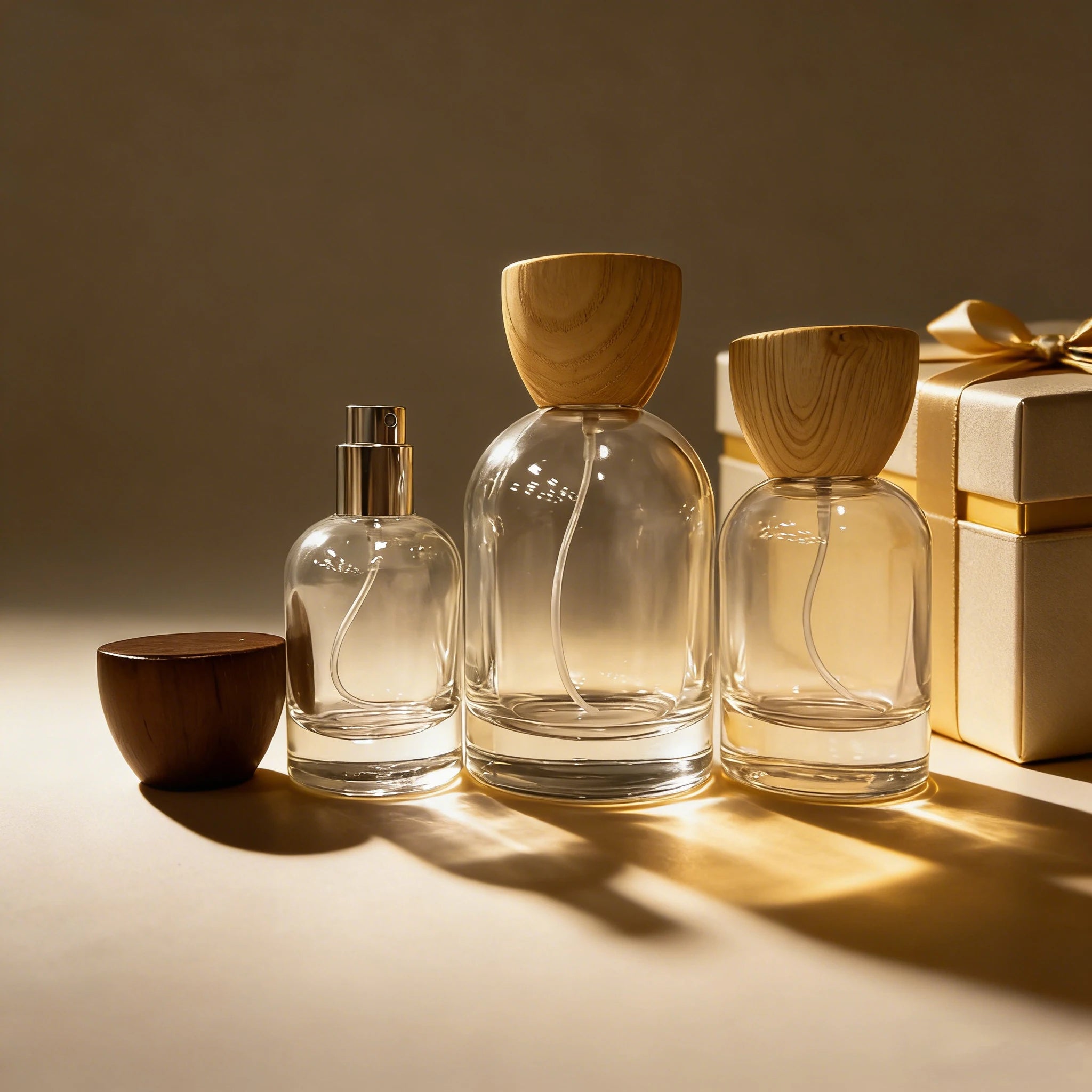 Luxury Cosmetics 30ml 50ml 100ml Round Empty Glass Perfume Pump Sprayer Bottle with Screen Printing Wooden Cap - 图片 3