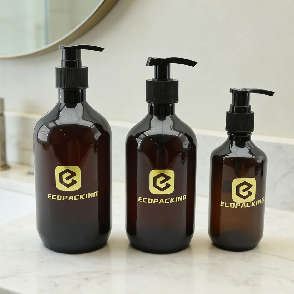 Refillable Lotion Pump Bottle 300ml 500ml Amber Brown Empty Shower Gel PET Plastic Shampoo Bottles with Pump Cap - 图片 2