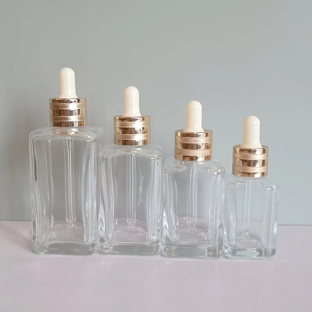 Luxury Transparent Square Dropper Bottle 30ml 50ml 75ml 100ml Cosmetic Glass Facial Serum Packaging Bottle for Essential Oil - 图片 6