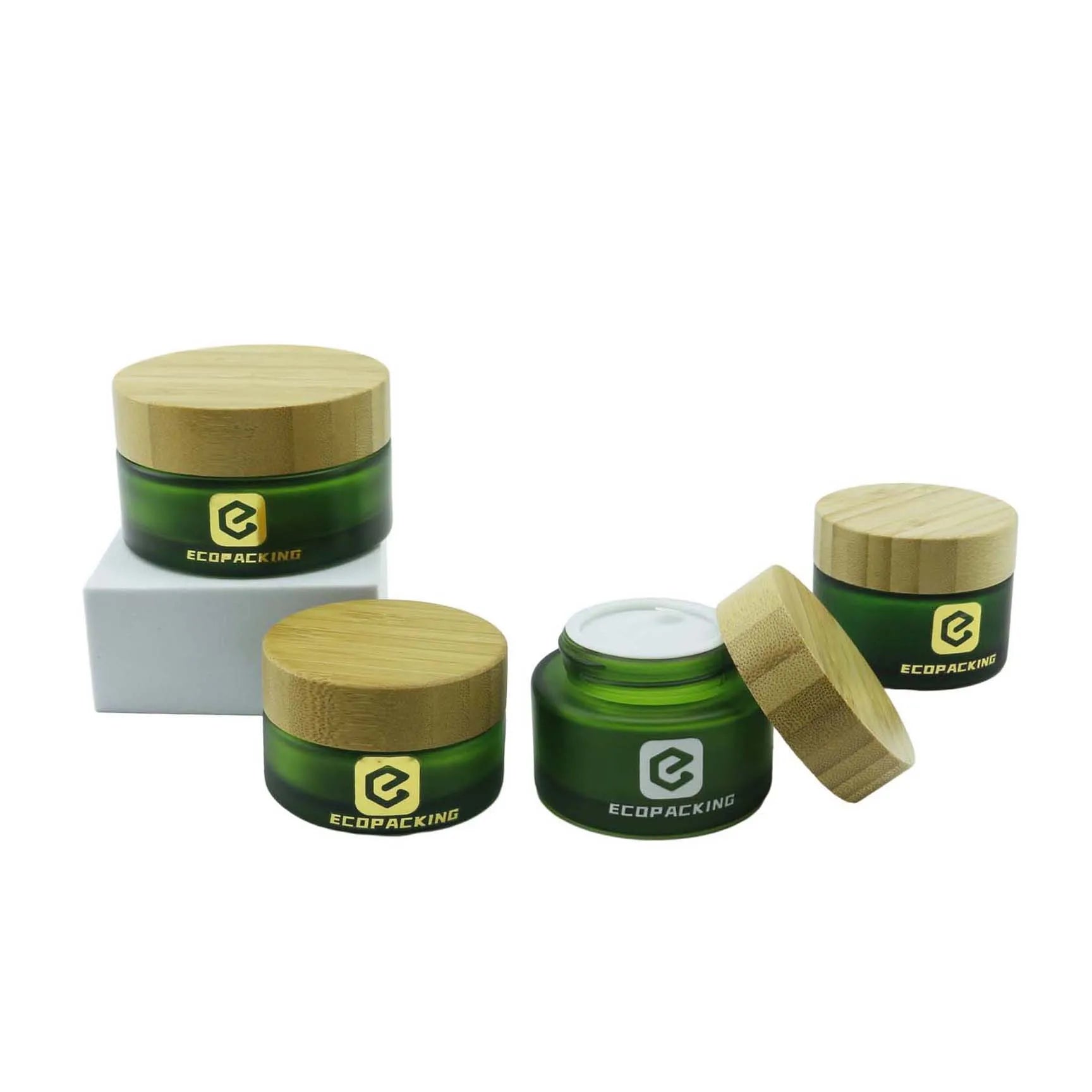 Custom Container 15g 1oz 30g 50g 100g Green Glass Jar with Bamboo Wood Lid Body Butter Face Cream Cosmetic Glass Jars