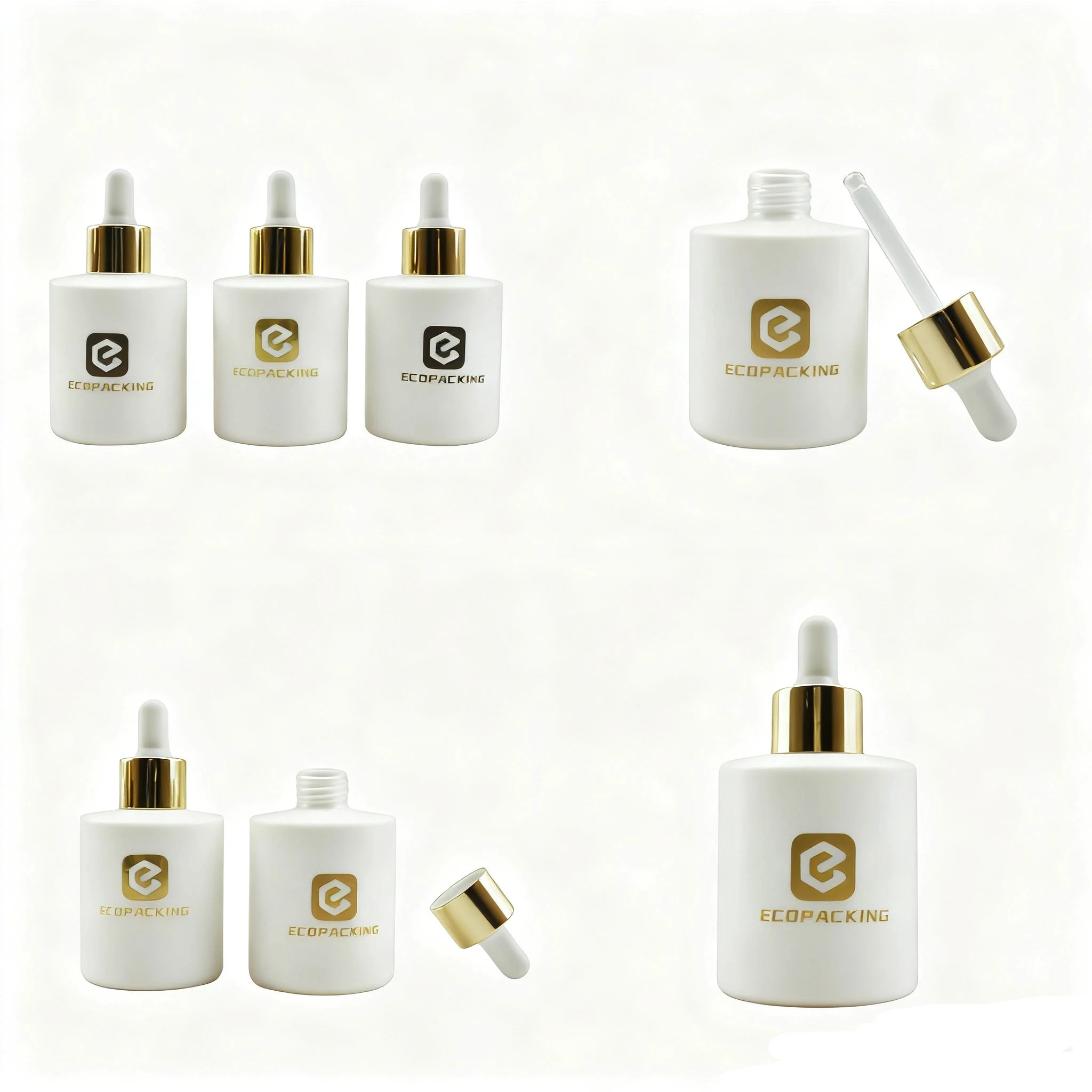 30ml Flat Frosted White Glass Dropper Pump Bottle with Hot Stamping for Eye Drops Essential Oils Cosmetics & Lotions