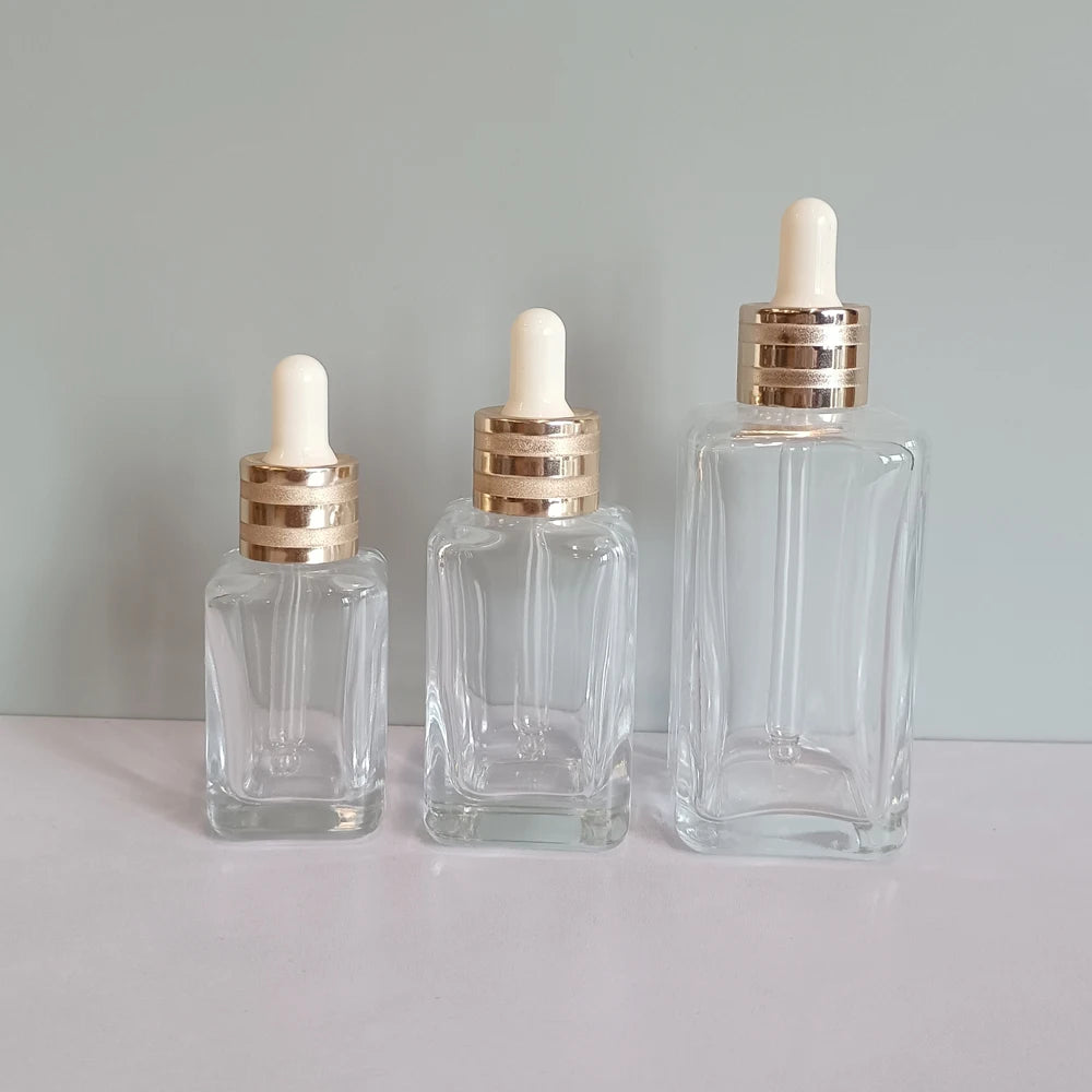 Luxury Transparent Square Dropper Bottle 30ml 50ml 75ml 100ml Cosmetic Glass Facial Serum Packaging Bottle for Essential Oil - 图片 2