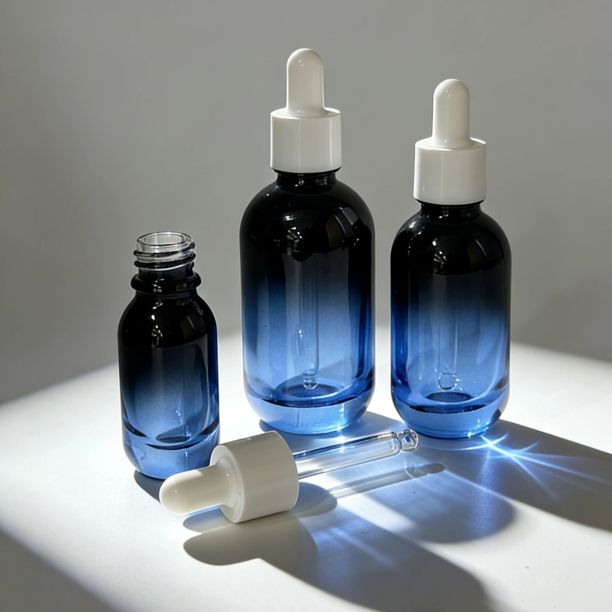 Luxury Matte Gradient Blue Glass Bottles with Dropper Eco Friendly Cosmetic Packaging for Essential Oils and Serums LZF - 图片 3