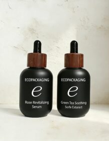 Leak-Proof Serum Essential Oil Skincare Matte Black Glass Dropper Bottles Packaging with Wooden Caps
